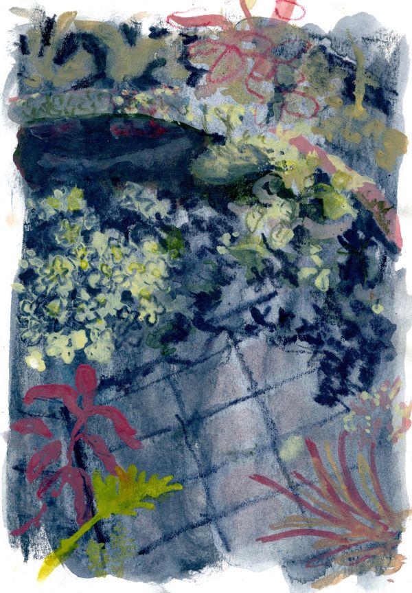 Painting of a pool with many plants around it, and a reflection of a glasshouse roof